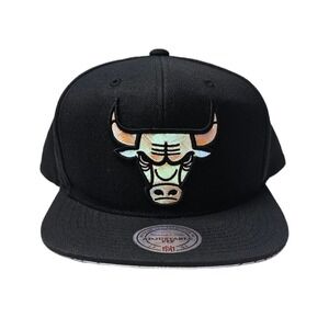 Chicago Bulls NBA Mitchell & Ness SnapBack Hat Black With Iridescent Logo/Bill